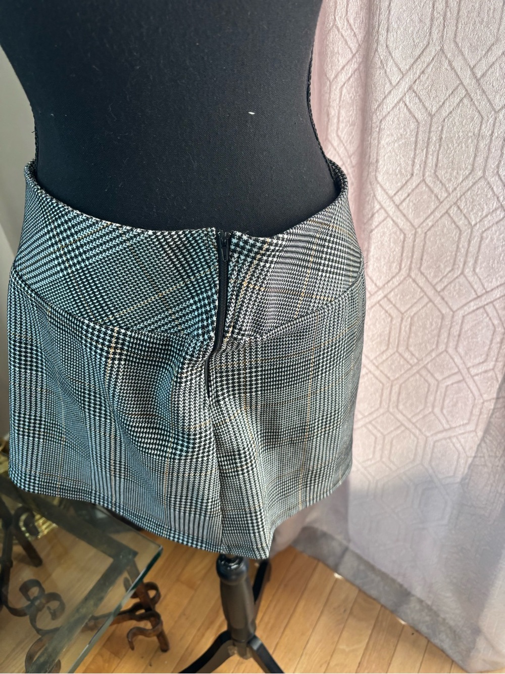 Altar'd State Black & Gray Plaid Pleated Mini Skirt with Subtle Tan Stripe - Picture 5 of 12
